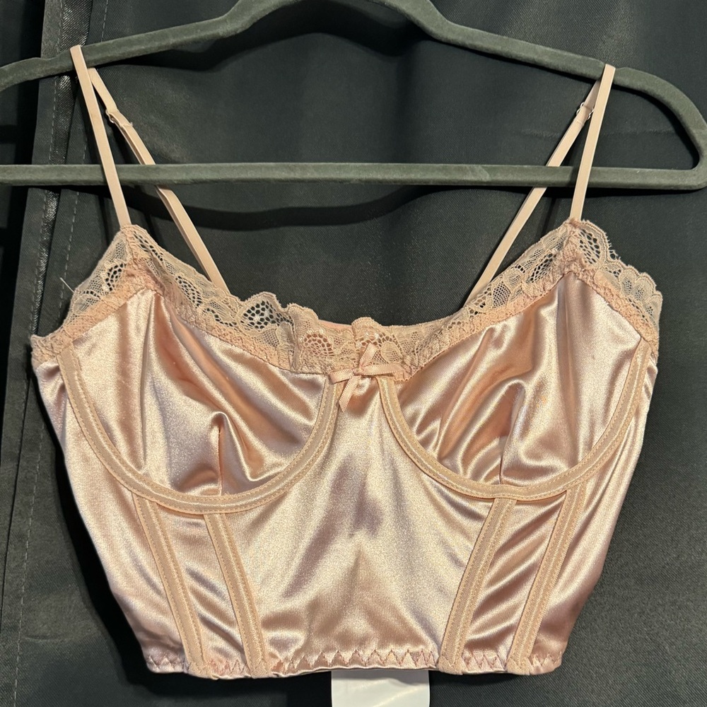 Baby pink satin and lace corset going out top
